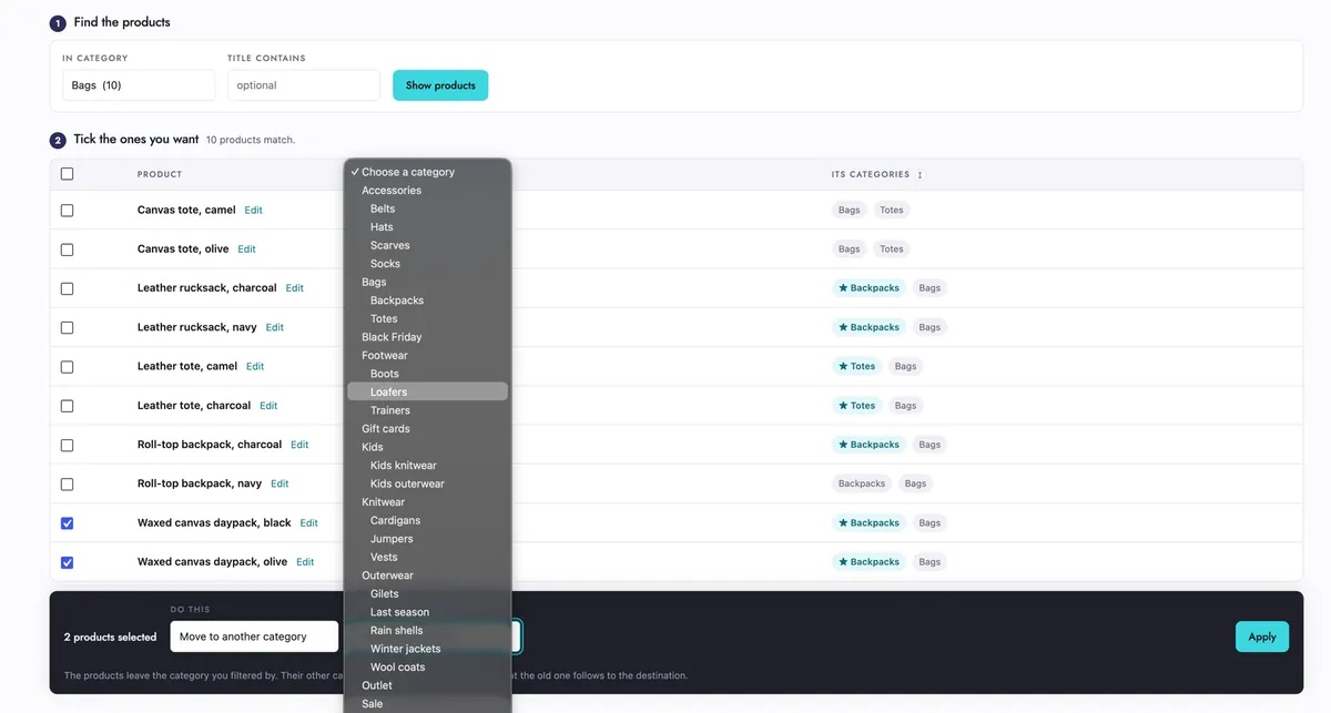 The Products and categories screen, with a filtered product list, checkboxes and a category picker for moving the selection